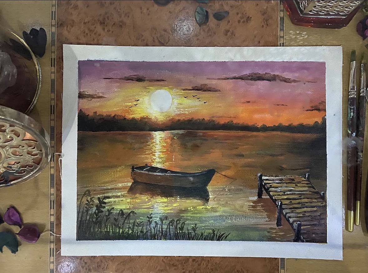 Sunset and boat painting by Shweta